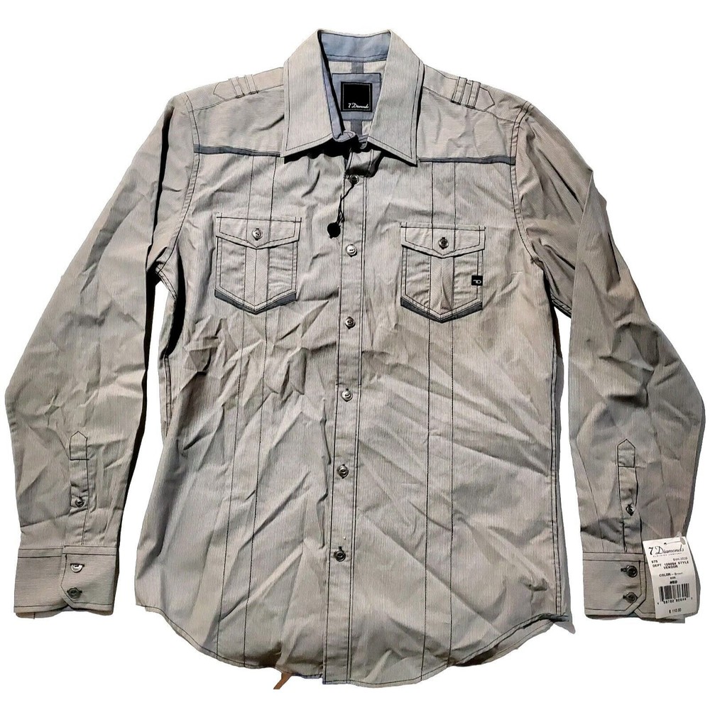 7 Diamonds Pinstripe Shirt Mens Medium Brown Long Sleeve Western Dress Military